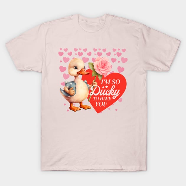 Illustration of Duck Holding a Flower Vintage Style - Valentine's Art - Valentine's Gift T-Shirt by Petprinty